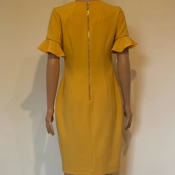 Calvin Klein Mustard Yellow Sheath Dress Size 4 | Flutter Sleeve - Picture 2 of 9